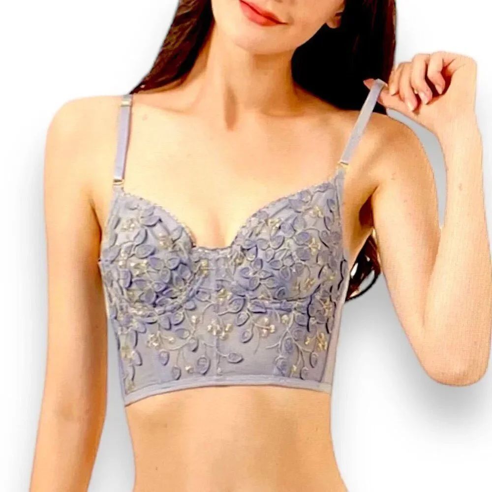 Blue Gold Embroidery Floral Bustier Corset Crop Top - NEW